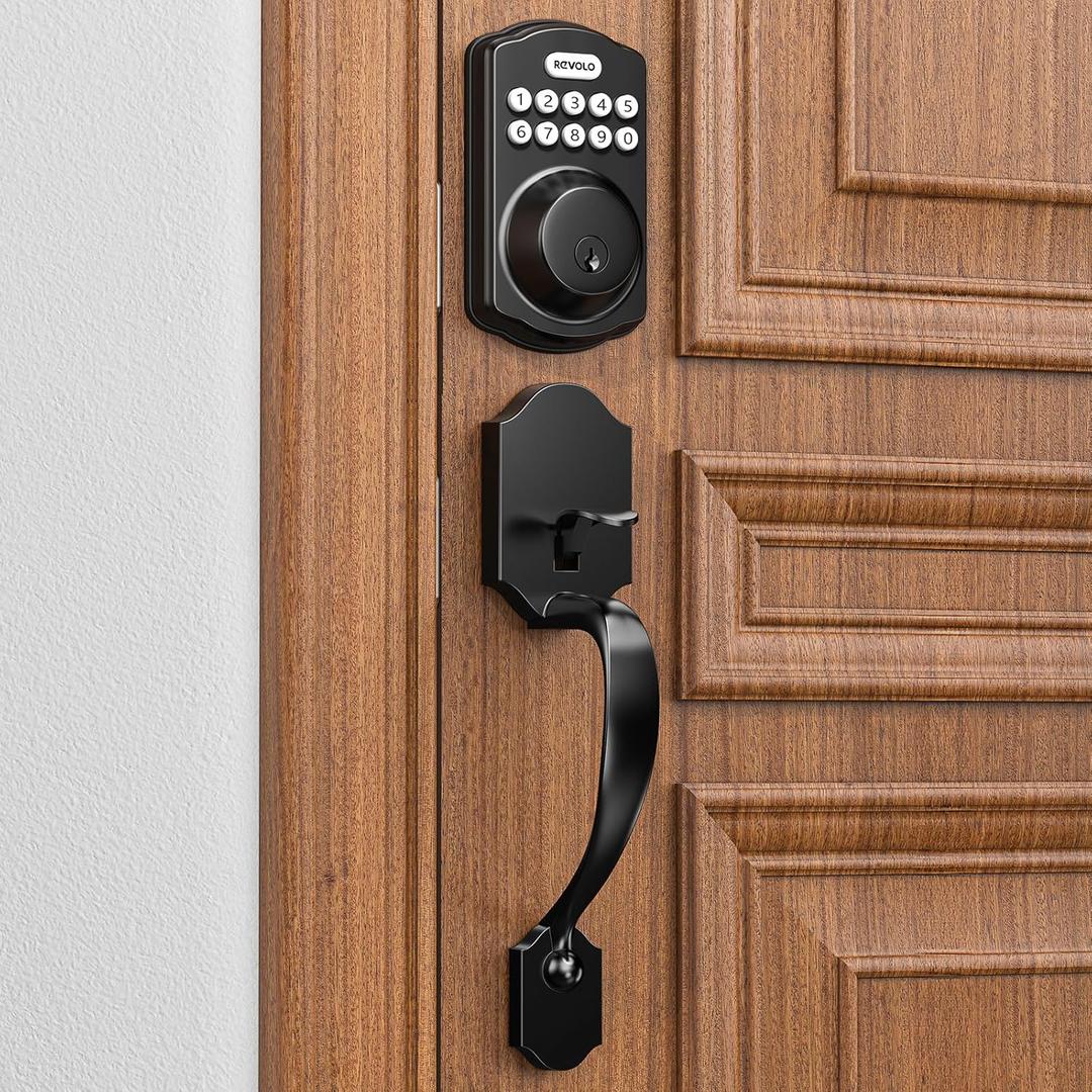 Revolo RE001 Electronic Keypad Deadbolt, Keyless Entry Door Lock, Smart Keyed Entry with Handle, Auto Lock, Front Door Handle Sets, Anti-Peeking Password, Matte Black (Black)