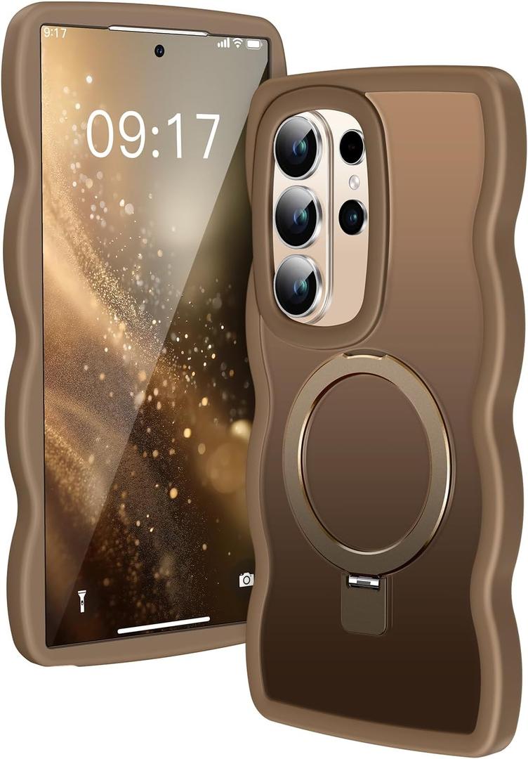 [Magnetic Stand & Cute Wave Frame]Case for Samsung Galaxy S26 Ultra [Fit for MagSafe]MIL-Grade Drop Protection Non Yellowing Matte Translucent Back Phone Case Cover for Galaxy S26 Ultra, Desert Gold