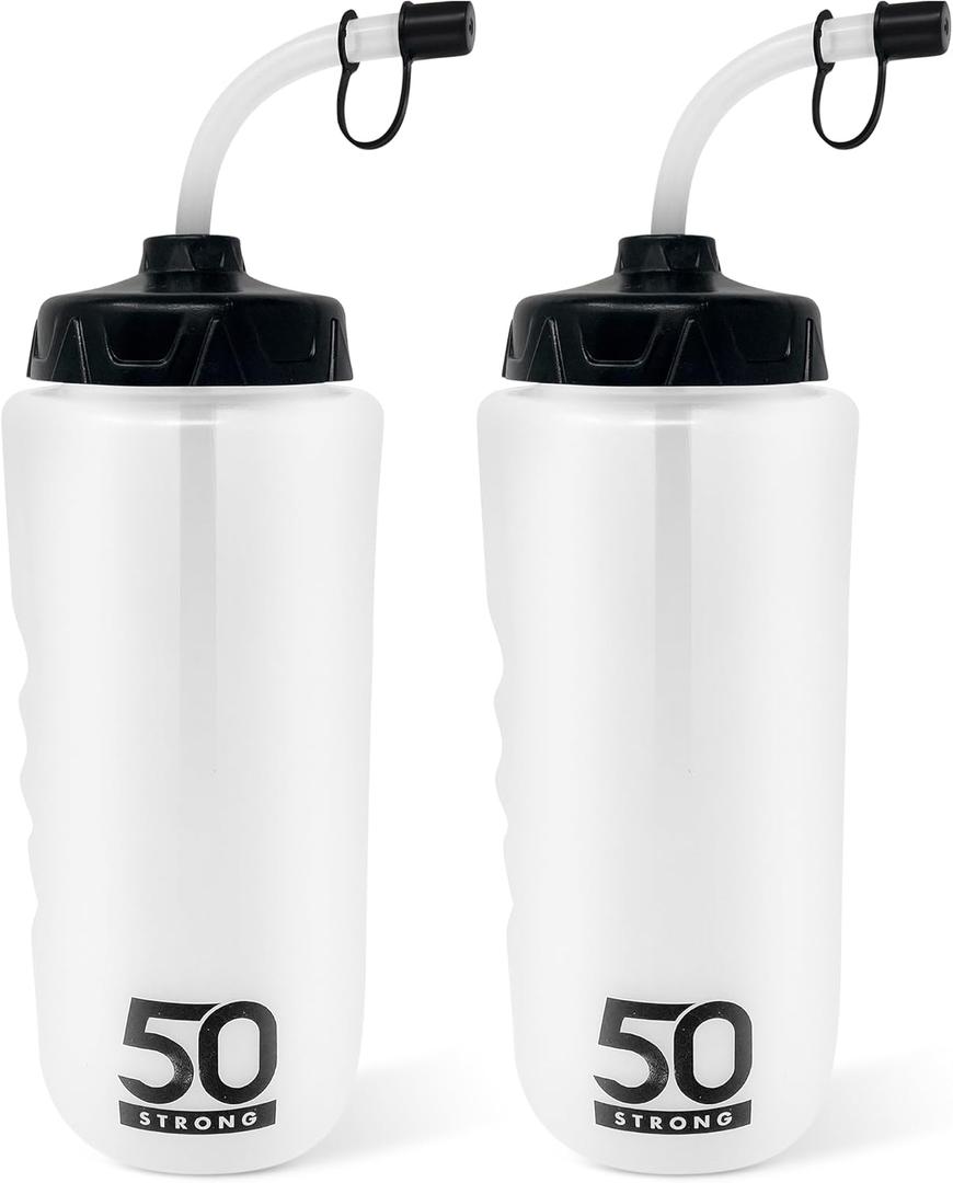 50 Strong 1 Liter Water Bottle with Straw 2-Pack Easy-Squeeze Sports Bottles with Long Straw & Built-In Finger Grip BPA-Free Made in USA Ideal for Hockey, Football, Lacrosse & Boxing