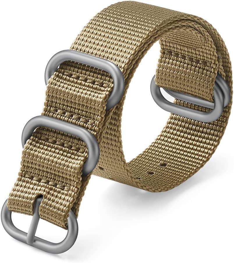 Watch Bands - Thick Premium Military Ballistic Nylon Style Strap With Heavy Silver Stainless Steel Buckle - Choice of Width - 18mm, 20mm, 22mm or 24mm (Khaki)