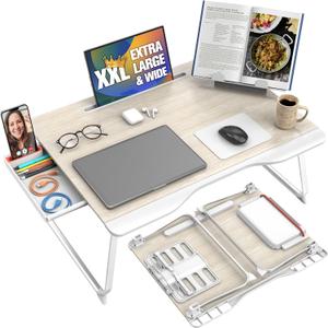 Cooper Mega Table Plus Premium XXL Extra Large Laptop Desk for Bed, Table for Laptop in Bed, Desk for Floor | Portable, Folding Legs, Book Stand, Tablet Groove, Drawer, Extra Wide Surface (White Oak)