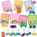 JOYIN 28 Pcs Valentines Day Gift Cards with Video Game Keychains, Multi Colored Keychains & Cards with 7 Designs, Valentine Treat Goodie Bag Stuffers for Kids Classroom School Exchange Prizes