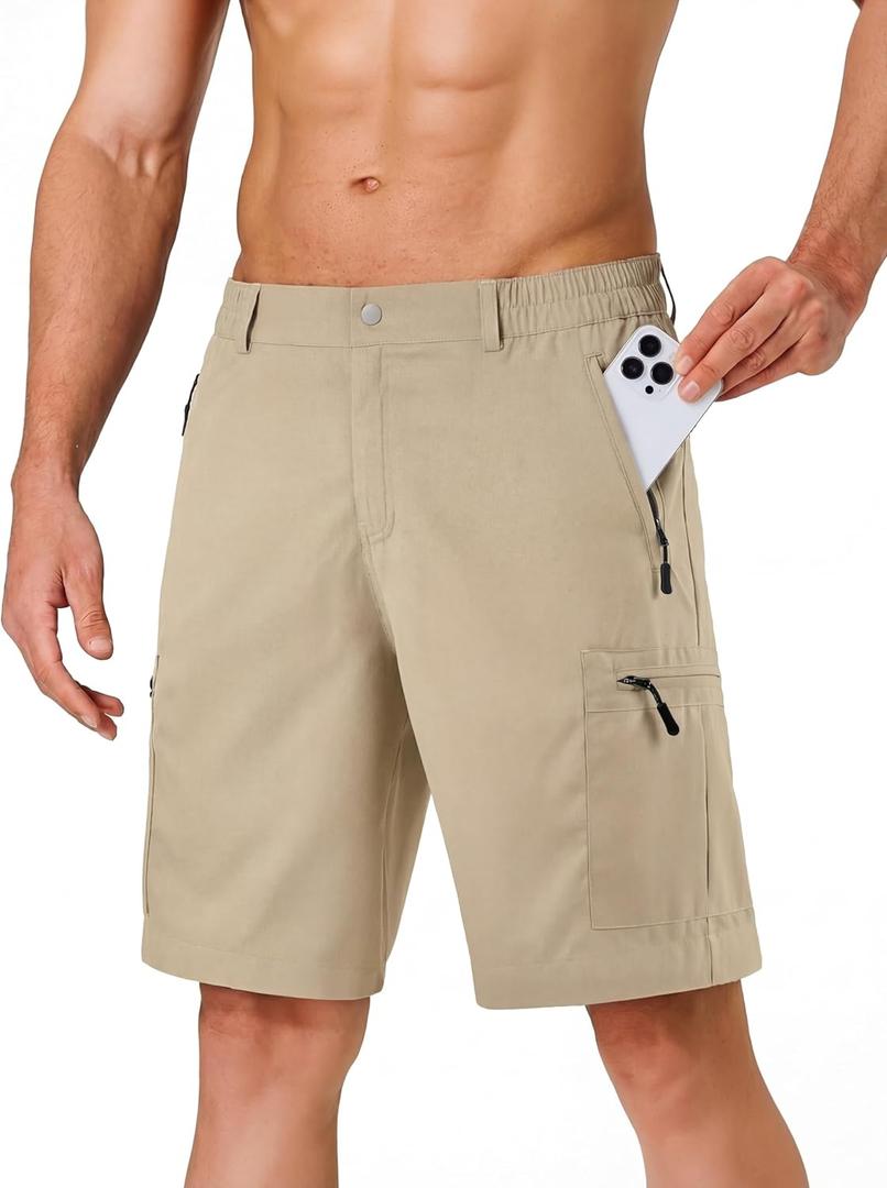 Men's Hiking Cargo Shorts 9", Water Resistant Quick Dry Lightweight Work Shorts with 5 Zipper Pockets for Men (32 Regular, Khaki)