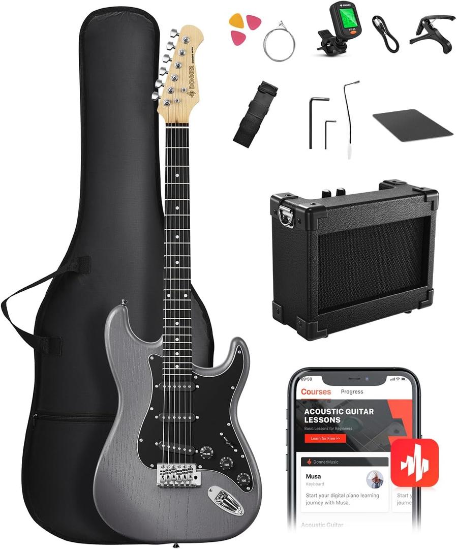 DONNER DST-80 Electric Guitar 39 Beginner Electric Guitar Kit with Amp, Classic SSS Pickup Complete with Gig Bag, Tuner, Capo, Strap, Picks, and Free Online Lessons
