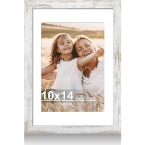 Hongkee 10x14 Picture Frame with Real Glass - 8x12 Wooden Frame with Mat, Horizontal and Vertical Display for Wall or Tabletop (Distressed White, 1 Pack)