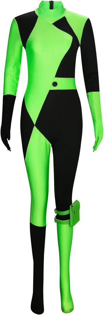 Materuis Shego Costume Bodysuit Female Kim Possible Cosplay Outfits Zipper Halloween Elastic Spandex Jumpsuit Adult Size (Small)