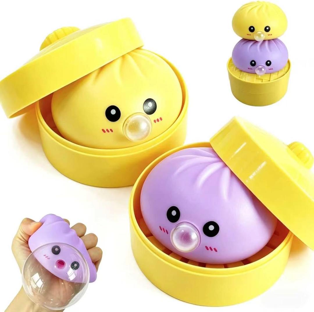 2Pack Dumpling Squishies Set with Steamer, New Bubble-Blowing Squishies, Stretchy Fidget Sensory Squeeze Toy for Adults & Teens, Cute Desk Gift(Yellow+Purple)