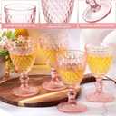 Lallisa 12 Pcs Pink Wine Glass Set Vintage Glassware Pink Goblets 8 oz Embossed Drinking Glass with Stem High Clear Stemmed Cups Goblet for Wedding Party Banquet Feast Bar, Daily Use