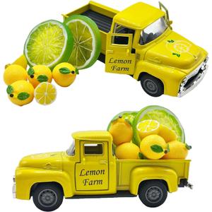 Lemon Truck Decor with Mini Fake Lemons, Vintage Metal Farmhouse Tiered Tray Decor for Home Kitchen, Summer Lemon Tabletop Centerpiece, Lemonade Stand Decorations,1 Set