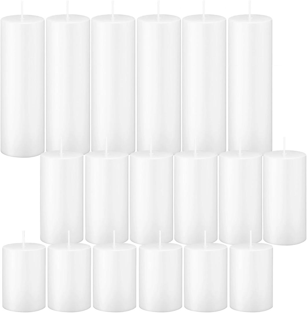 18 Pcs White Pillar Candles Bulk SetHurricane Candles3 Different Lengths 2 x 3/4/6 Inch (6 Each)Dripless Unscented SmokelessGives You a Better Atmosphere When Organizing an Event Party.