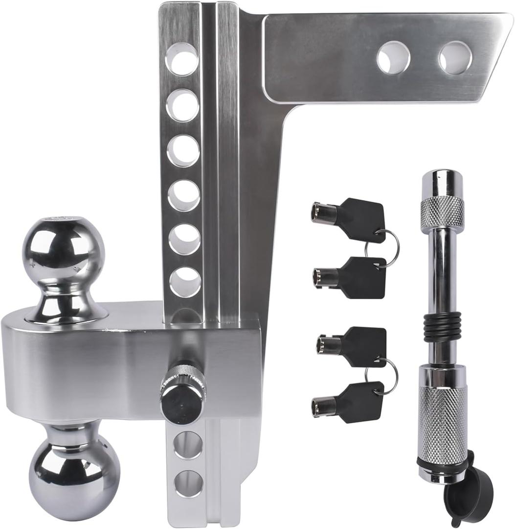 2" Receiver Adjustable Trailer Hitch, 10" Rise/Drop Aluminum Tow Hitches Heavy Duty Dual-Balls (2" & 2-5/16") Ball Mount for Truck - 12,500 LBS GTW Silver