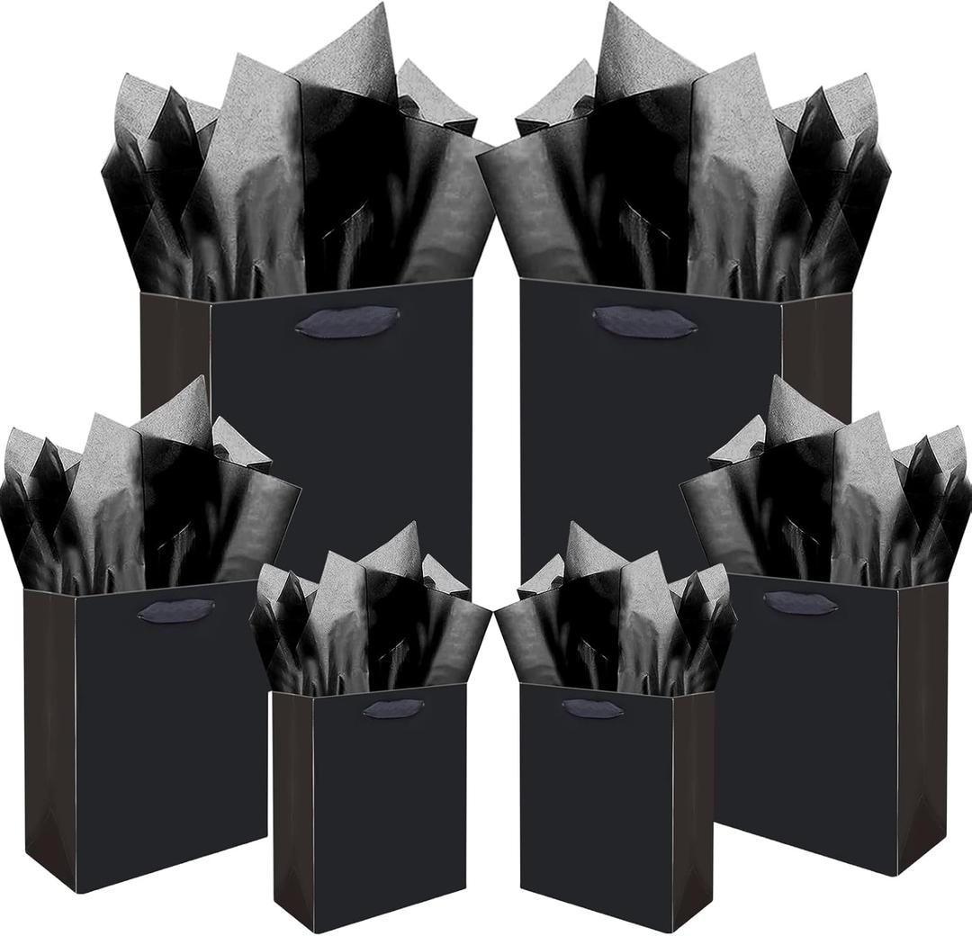 qiqee Black Gift Bags with Tissue Paper Mulit Assorted Sizes 10PCS Present Party Favor Birthday Bags(2pcs Large 13", 4pcs Medium 9", 4pcs Small 6" Bags,Tissue Paper)
