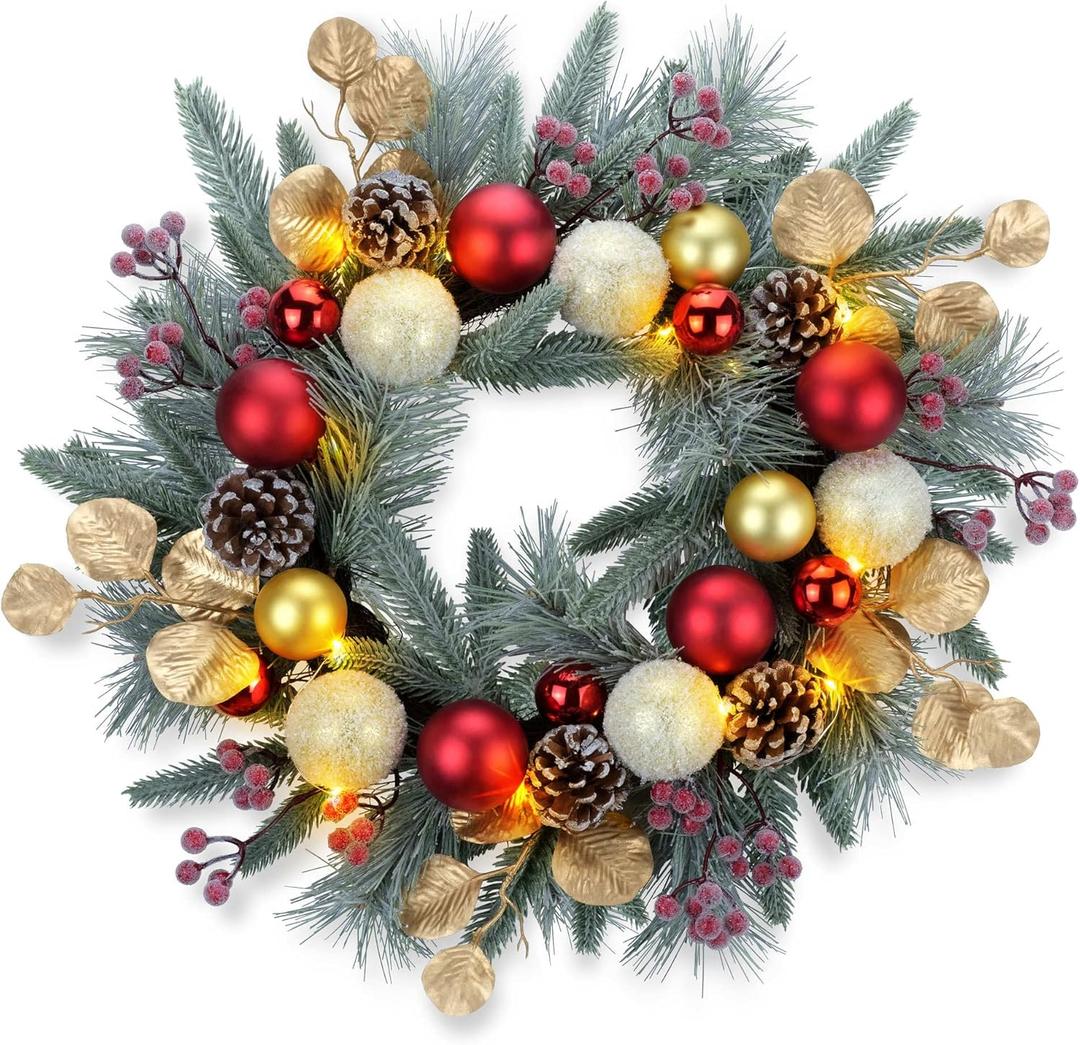 YULETIME 20-inch Christmas Wreath, Battery Operated Holiday Wreath with 20 Fairy Lights, Red & Gold Baubles, Frosty Red Berries, Pine Cones, Golden Leaves, Frosted Spruce Branches & Pine Needles