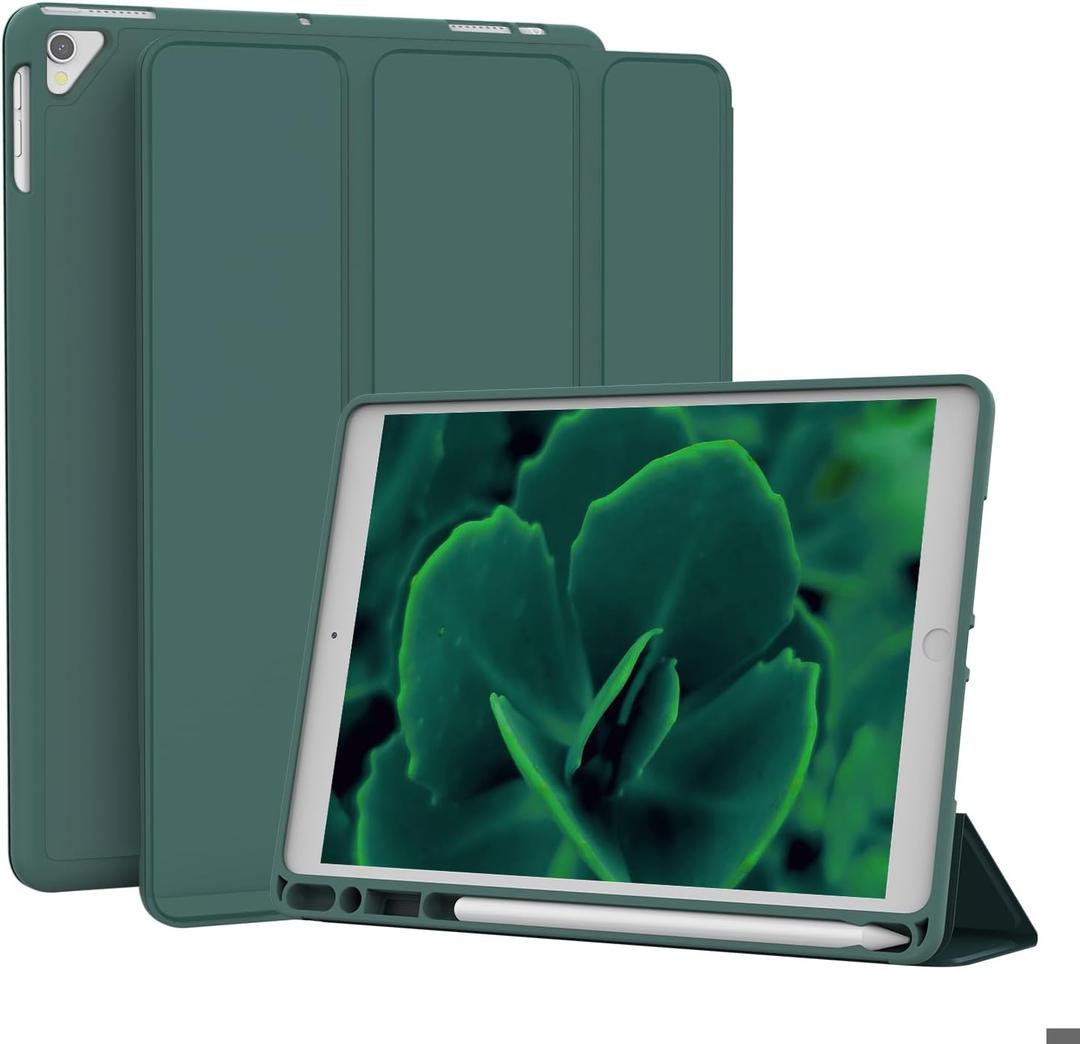 Case for iPad 6th/ 5th Generation 9.7 inch (2018/2017), iPad Air 2 & 1 (2014/2013), Protective Case with Pencil Holder, Auto Wake/Sleep Trifold Stand Cover for 6th Gen, Dark Green