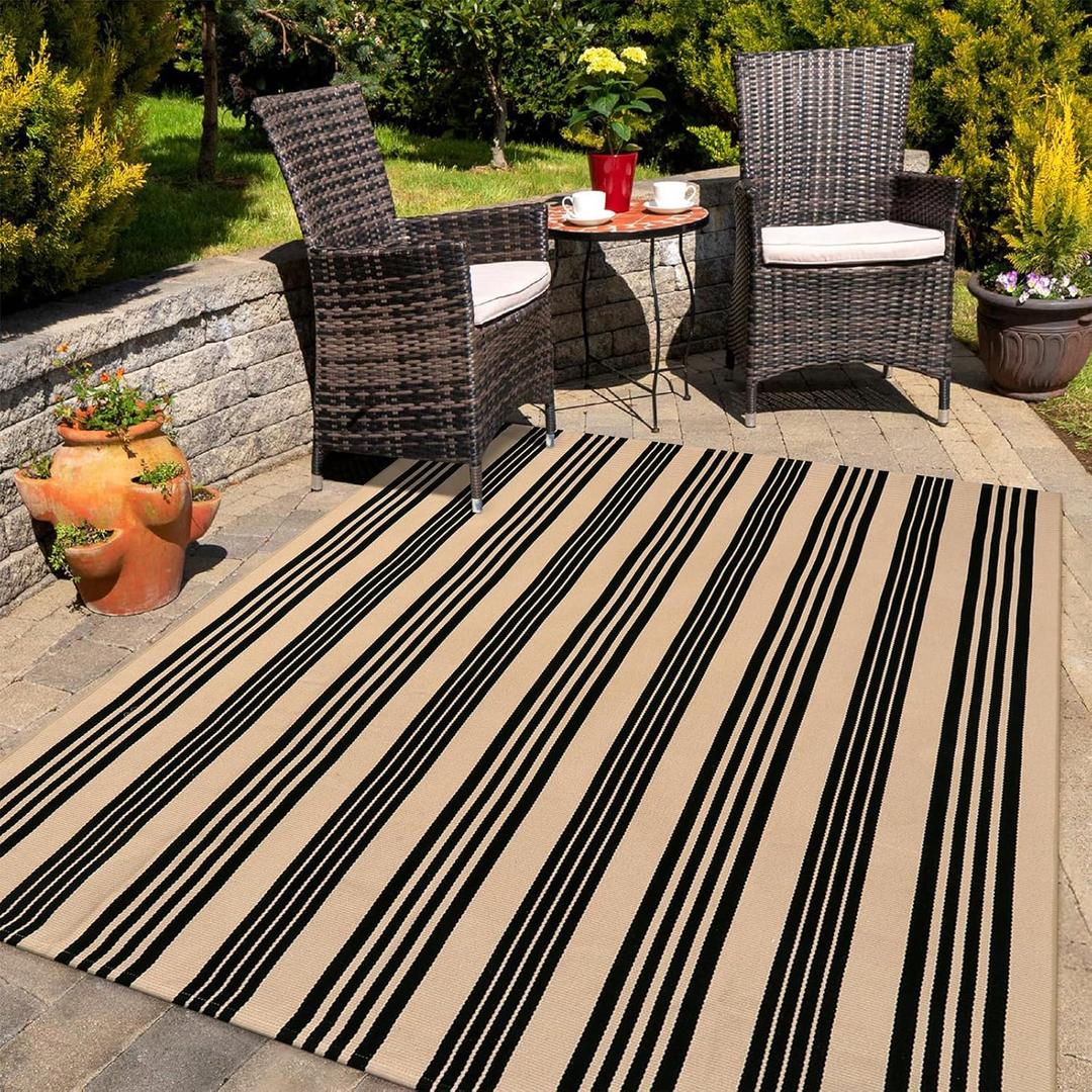 KIMODE Indoor Outdoor Rug 5'x7', Black and Khaki Striped Outdoor Rug,Reversible Washable Large Patio Rugs, Cotton Hand Woven Farmhouse Indoor Area Rug Floor Carpet for Backyard Living Room