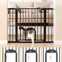 Babelio Upgraded Baby Gate with Cat Door, 29-43" Auto Close Durable Dog Gate for Stairs, Doorways and House, Easy Walk Thru Safety Gate with Pet Door Includes 4 Wall Cups, Black