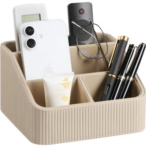 Remote Control Holder with 4 Compartments, PU Leather Small Nightstand Organizer for Home Desk Accessories Office Supplies, Multifunctional Stylish Small Bedside Desktop Organizers (Beige)