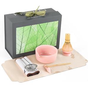 Pink Traditional Matcha Set Whisk and Bowl, 8 Pcs Matcha Making Kit Includes Ceramic Bowl with Spout, Bamboo Whisk, Holder, Scoop, Sifter, Tea Towel Cloth and Mat-Ceremonial Matcha Starter Kit Gift