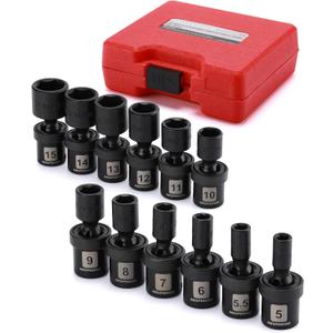 MIXPOWER 12 Pieces 1/4" Drive Metric Shallow Universal Impact Socket Set, CR-MO, Swivel Socket with Flexible Wobble, 5mm - 15mm