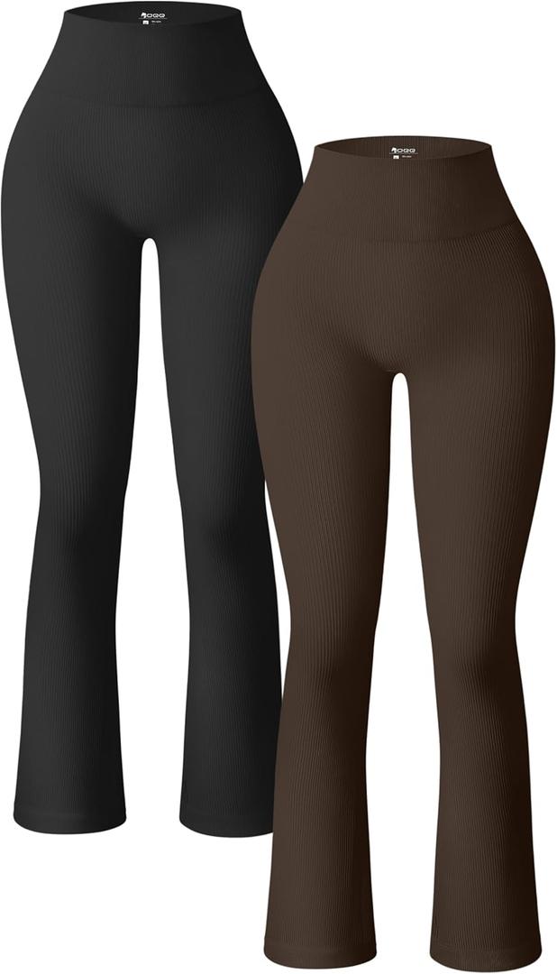 OQQ Women's 2 Piece Yoga Pants Ribbed Seamless Workout High Waist Bell Bottoms Flare Leggings, Large, Black/Dark Brown