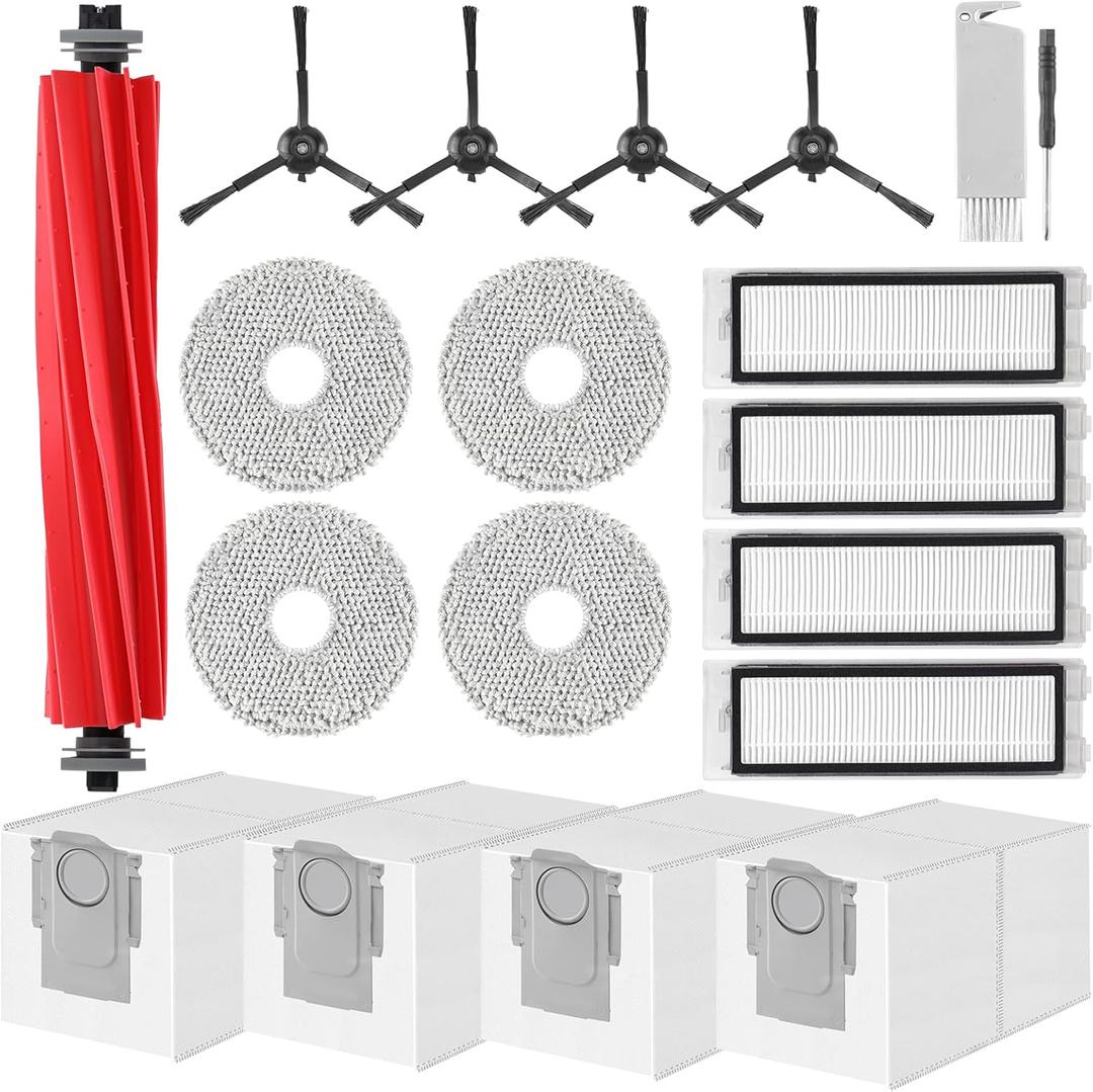 Accessories Kit Replacement for Roborock Q Revo/Qrevo 2R3W, QX Revo/QRT78 Robot Vacuum, 1 Main Brush, 4 Mop Pads, 4 HEPA Filters, 4 Black Side Brushes, 4 Dust Bags, 1 Cleaning Tool