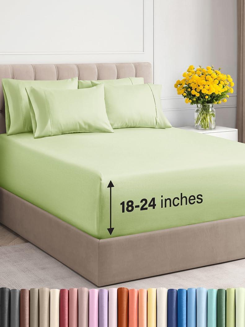 Extra Deep King Sheet Set - 6 Piece Breathable & Cooling Sheets - Hotel Luxury Bed Sheets Set - Easy & Secure Fit - Soft, Wrinkle Free & Comfy Sheets Set - Light Sage Sheet Set with Extra Deep Pockets