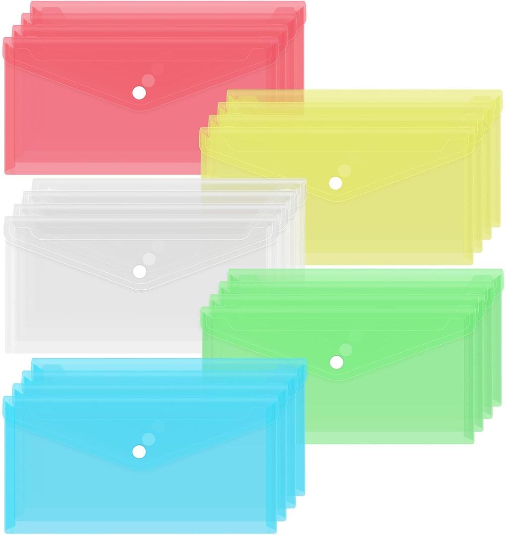 PetsHome Plastic Envelopes 20 Pack Clear Poly Envelopes File Folders, 9.96 x 5.12 inch Bill Bags for Office, School-5 Colors