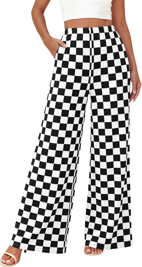 BTFBM Women's Checkered Palazzo Pants Wide Leg High Waisted Pockets Gingham Casual Lounge Pajama Trousers Summer Outfits (Large, Plaid Black White)
