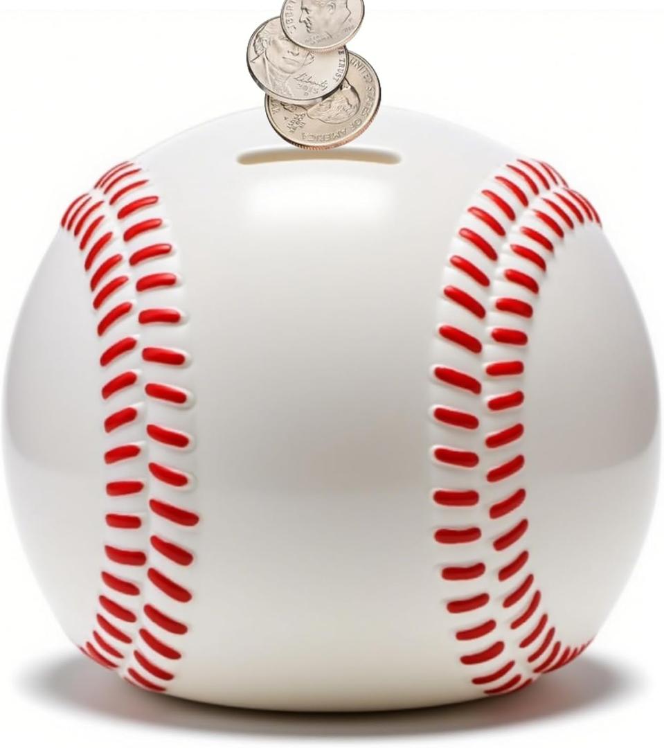 6.3" Baseball Piggy Bank, Shatterproof Baseball Shape Coin Bank, White Sports Themed Money Box for Saving Money, Money Storage Container for Boys Girls Adults, Bedroom Decor