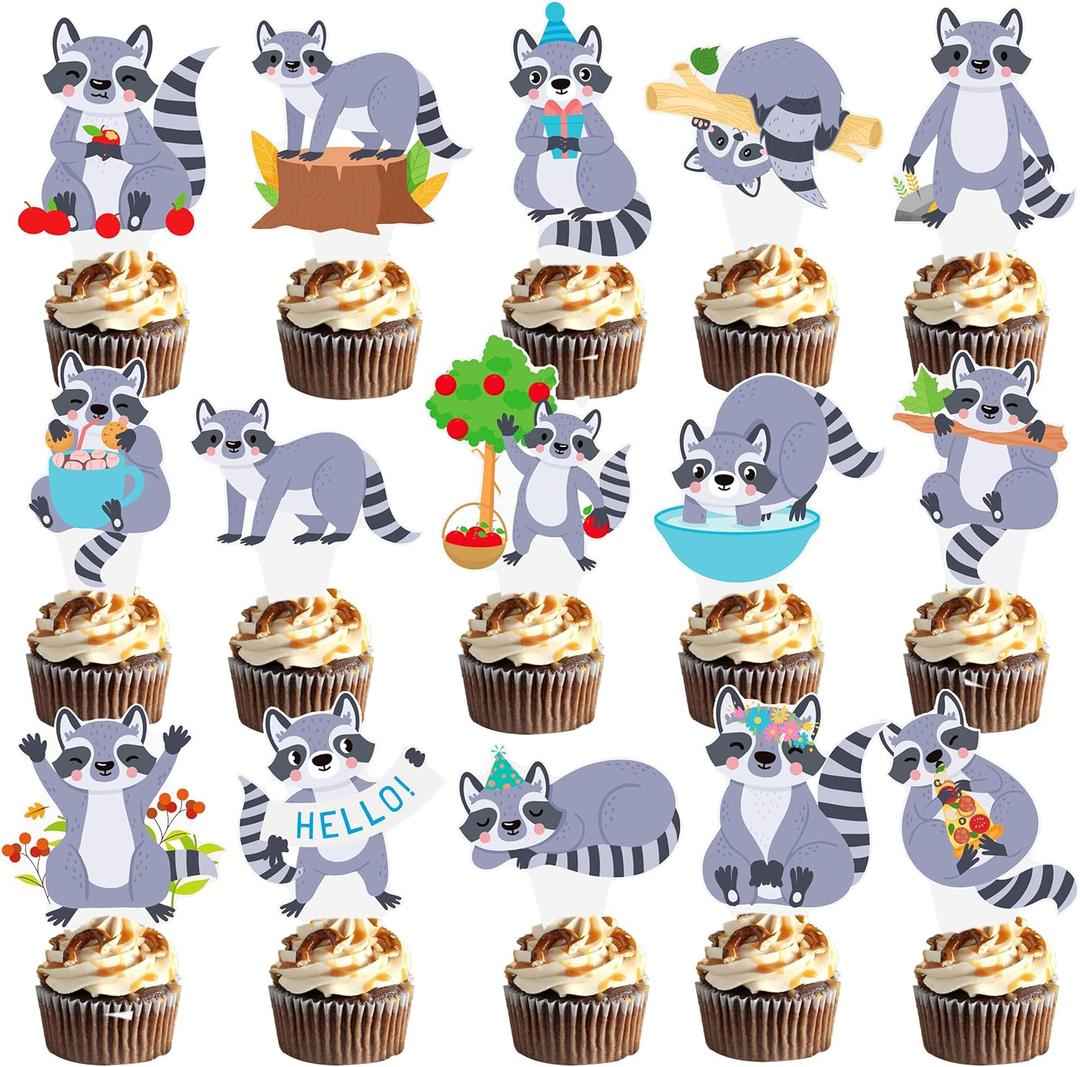 48Pcs Raccoon Theme Cupcake Toppers Woodland Animal Birthday Party Decorations Cartoon Raccoon Cake Topper Decorations for Woodland Theme Baby Shower Forest Animal Party Supplies
