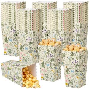 Geyoga 50 Pcs Wildflower Popcorn Boxes 6 x 3 x 2.4 in Retro Green Flower Popcorn Bucket Disposable Paper Party Candy Snack Containers for Movie Night Birthday Bridal Baby Shower Party Supplies