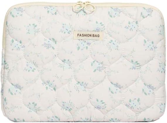 Fairycore Laptop Case for Women Floral Carrying Tablet Bag Cover Puffy Quilted Computer Liner Bag 11-15.6 Inch (13-14 Inch,White)