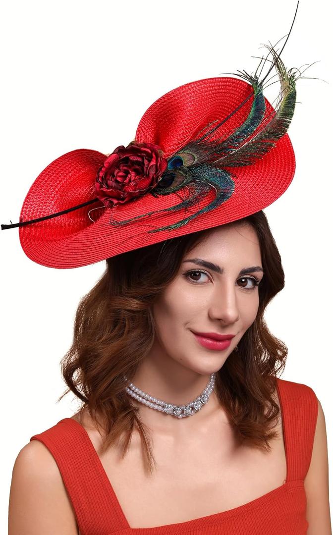 Cizoe Fascinators for Women Derby Headpiece Tea Party Hats with Veil Wedding Headware Bridal Headpiece (04-red)