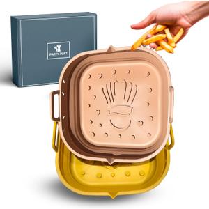 Platinum Silicone Air Fryer Liners Reusable Square-Extra Strong-Easy to Clean Air Fryer basket for Oven Microwave Accessories - BPA Free - Food Safe Pot for 5.8QT to 8 QT - 9 Inch (Golden Yellow & Mocha Mousse)