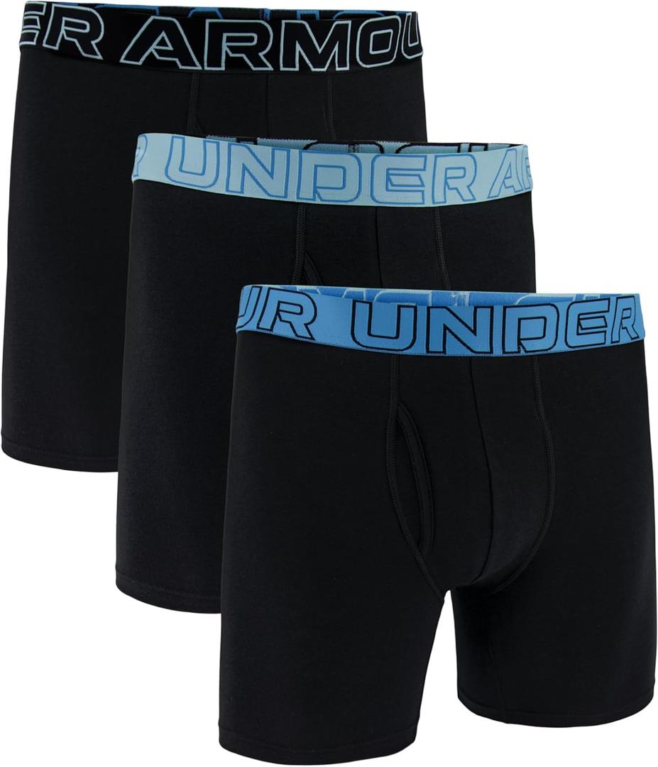 Under Armour mens 3-pack Performance Cotton Boxer Brief, 6" Inseam, All-day Comfort & Ultra-soft (Black/Stream)