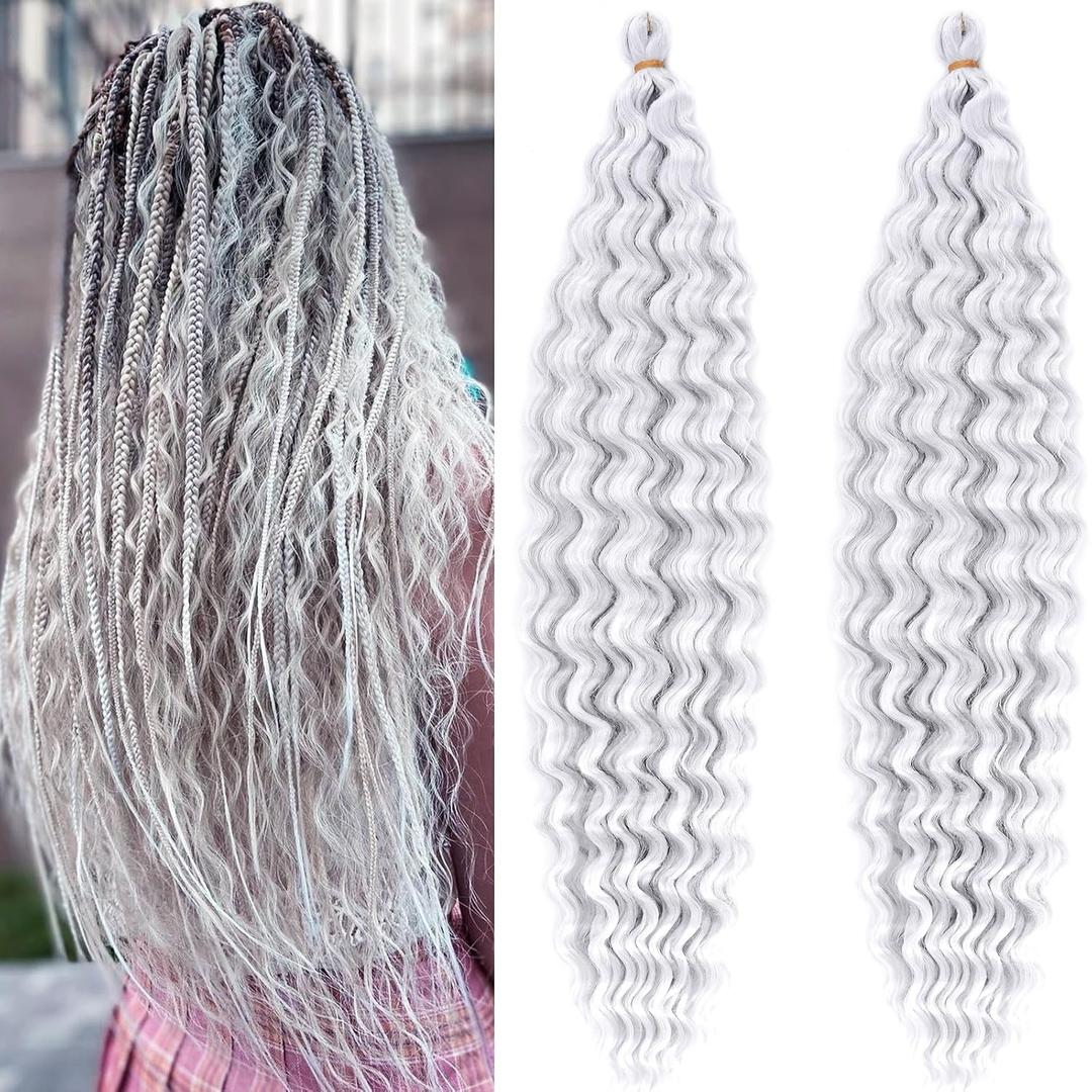 Boho Curly Wavy Braiding Hair Ocean Deep Wave Crochet Hair Braids 24 Inch 2 Packs Havana Curls Silver Grey Braiding Hair Pre Stretched Synthetic Hair Extensions Braids for Black Women