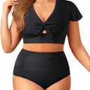 Yonique Womens Two Piece Plus Size Bikini Set High Waisted Swimsuits Tummy Control Bathing Suits Short Sleeve Swimwear 18W
