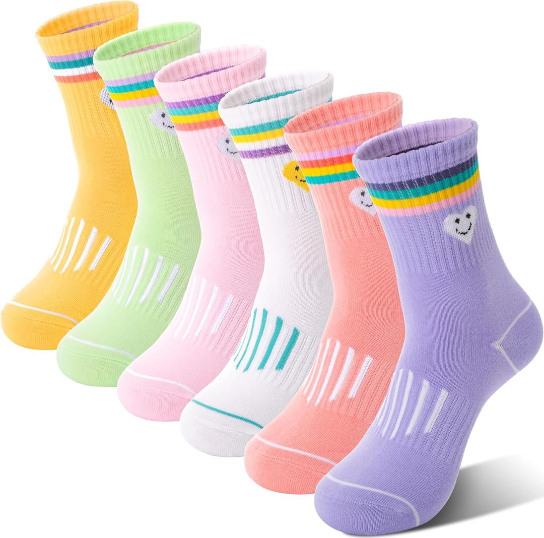 Sandsuced Kids Girls Socks Athletic Sport Basketball Youth Cotton Crew Soft Colorful Heart Gift Outdoor Socks 6 Pairs Stocking Stuffers(Colorful Stripes Face, 5-8 Years)