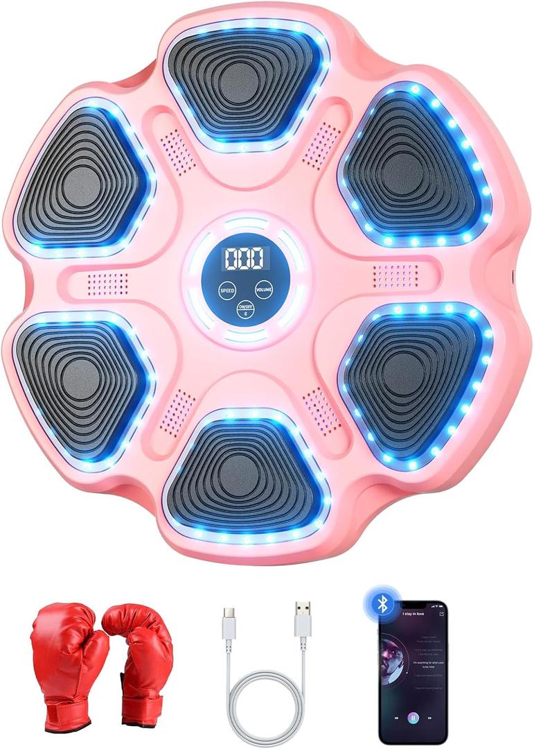 Music Boxing Machine - Smart Trainer w/Bluetooth Sync, 11 Modes & 9 Speeds, Wall Punching Target with Gloves & No-Hurt Tech for Home Gym (pink)