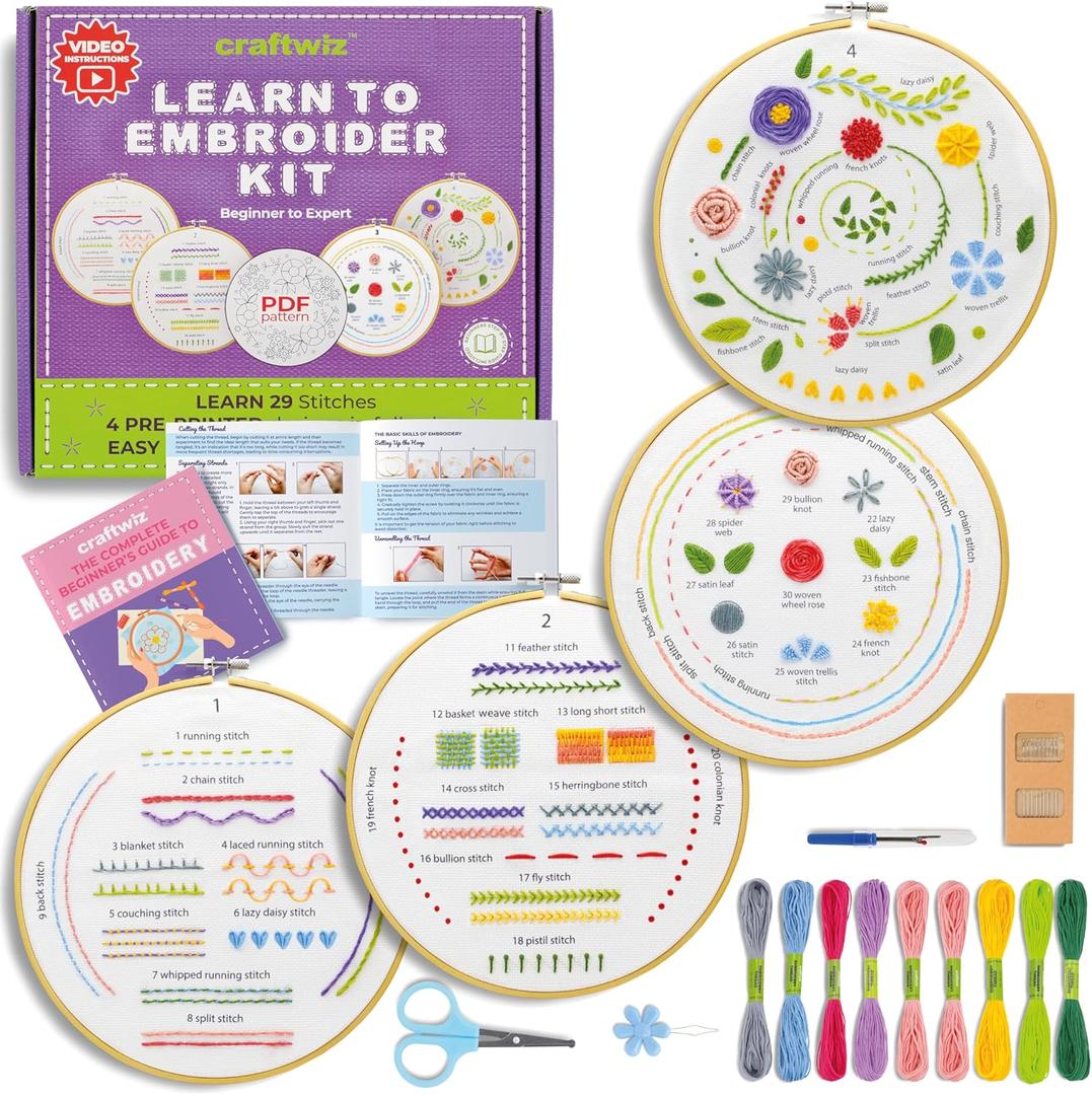 Craftwiz 4-Piece Starter Embroidery Kit for Beginners and Teens with Simple Patterns, Learn 29 Stitches with Hand Embroidery Kit