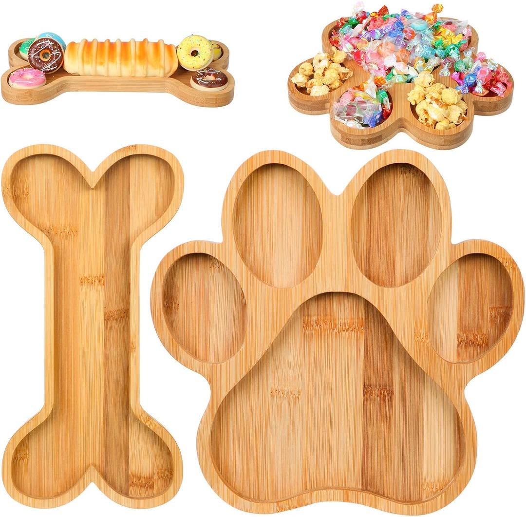 Sintuff 2 Pcs Cute Shaped Bamboo Serving Tray Charcuterie Board Party Supplies Natural Wooden Snack Platters Gifts Wood Candy Dish Bowl for Housewarming Party (10 x 9.8 in, 12 x 5.9 in,Paw)