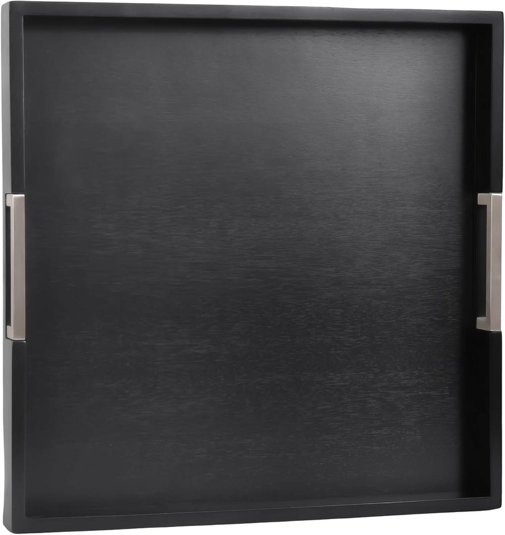 Joy&Grace Large Square Ottoman Tray for Living Room and Coffee Table Decorative Wood Serving Tray with Handles for Breakfast in Bed, Dinner Food TV (Black, 20" x 20" x 2")