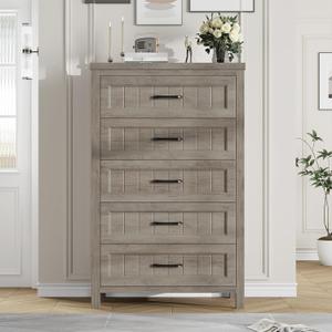 Jocoevol 5 Drawer Dresser for Bedroom - Farmhouse 44.9" Tall Chest of Dresser with Large Storage, Rubst Wood Construction for Living Room, Hallway & Entryway - Gray (Grey)