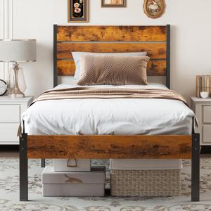 OLIXIS Twin Platform Bed Frame with Wooden Headboard and Footboard, Heavy Duty Metal Slat Mattress Base, 500 LBS Weight Capacity, Sturdy Stable Structure, No Box Spring Needed, Quick Simple Assembly