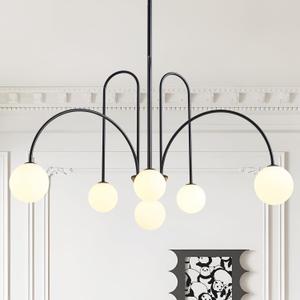 Modern Black Sputnik Chandelier 6-Light Mid Century Chandelier for Dining Room with Milky Glass Globe Ceiling Pendent Light Fixture for Living Room Kitchen Island Foyer Bedroom