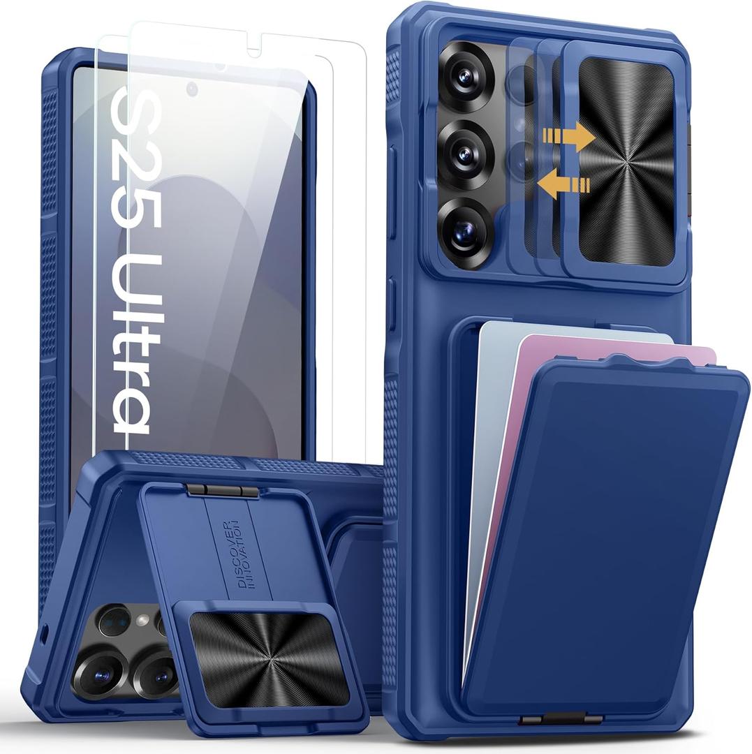 SSLOTSCASE for Samsung Galaxy S25 Ultra Case with 2X Screen Protector, Stand & Credit Card Holder & Sliding Camera Cover, Full-Body Drop Proof Silicone Edge Protective Cover for S25 Ultra, Blue