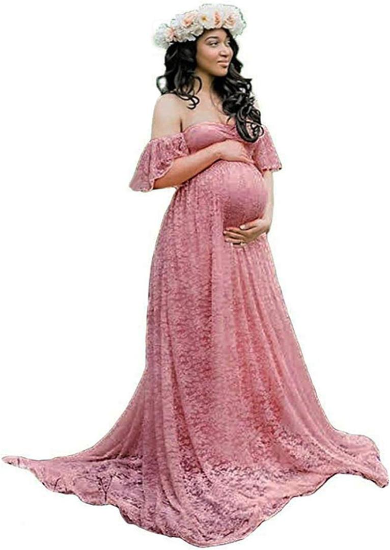Maternity Off Shoulder Ruffle Sleeve Lace Women's Gown Maxi Photography Dress (Pink Carnation)