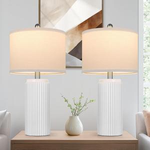 TOBUSA 23.5 Modern White Ceramic Lamps Set of 2, Living Room Retro Side Table Lamps, Farmhouse Bedside Nightstand White Lamps for Bedroom with Linen Shade, Elegant Decor Lamp Sets for Home Office