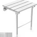 Folding Shower Seat, Wall Mounted Bathroom Safety Stool Chair with Support Legs, Foldable Wall Wood Shower Bench for Seniors (White)
