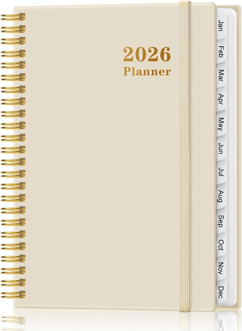 2026 Planner - Weekly and Monthly Calendar Planner from Jan 2026 - Dec 2026, Planner 2026 Spiral Bound with 12 Monthly Tabs, Inner Pocket, Perfect for School Office Supplies, 6.4" x 8.5", Beige